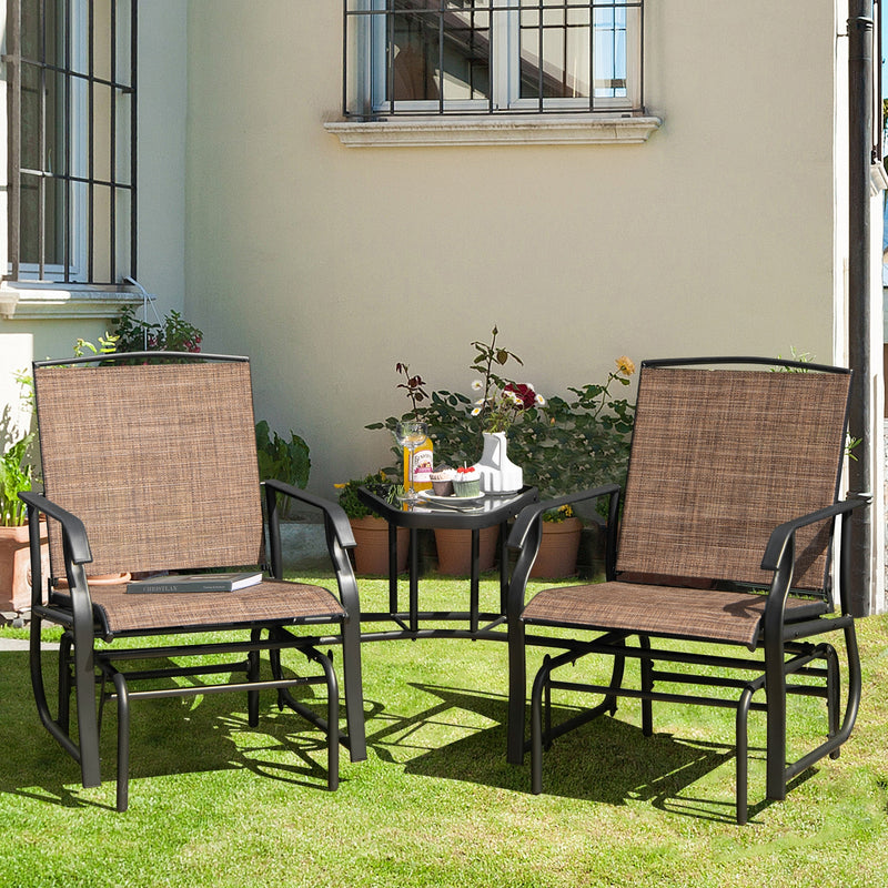 Double Swing Glider Rocker Chair set with Glass Table-Brown