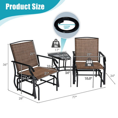 Double Swing Glider Rocker Chair set with Glass Table-Brown