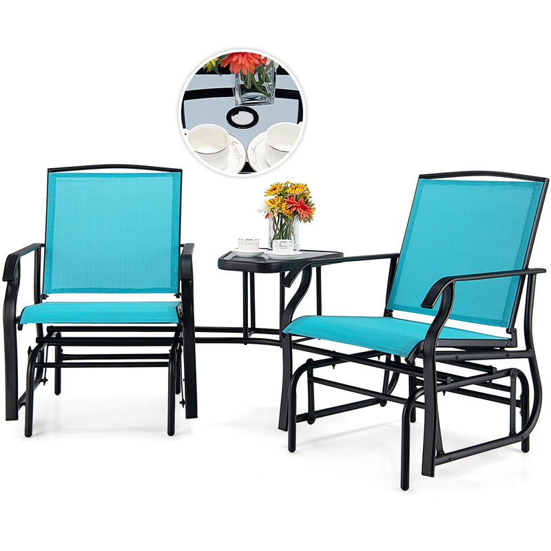 Double Swing Glider Rocker Chair set with Glass Table-Turquoise