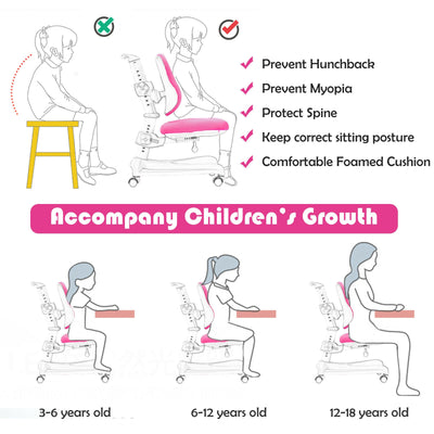 Adjustable Height Student Chair with Sit-Brake Casters and Lumbar Support for Home and School-Pink