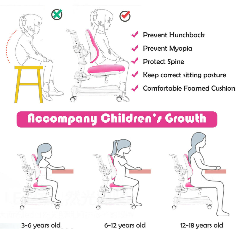 Adjustable Height Student Chair with Sit-Brake Casters and Lumbar Support for Home and School-Pink