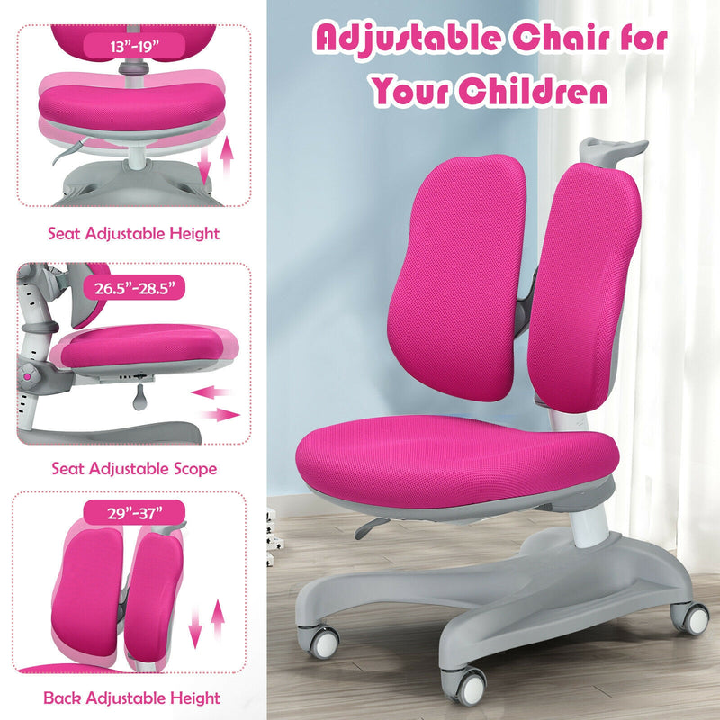 Adjustable Height Student Chair with Sit-Brake Casters and Lumbar Support for Home and School-Pink