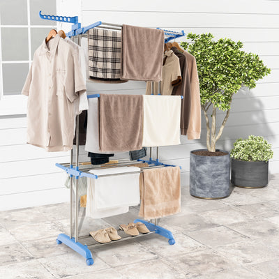 4-tier Folding Clothes Drying Rack with Rotatable Side Wings-Blue