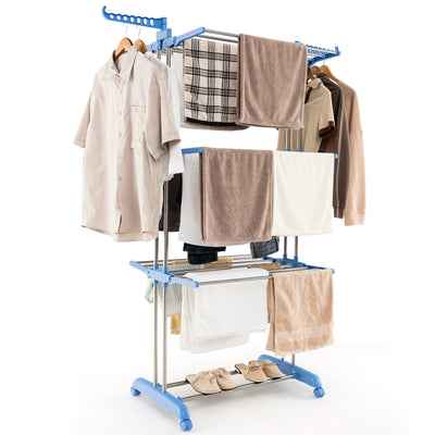 4-tier Folding Clothes Drying Rack with Rotatable Side Wings-Blue