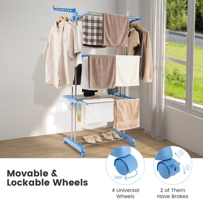 4-tier Folding Clothes Drying Rack with Rotatable Side Wings-Blue