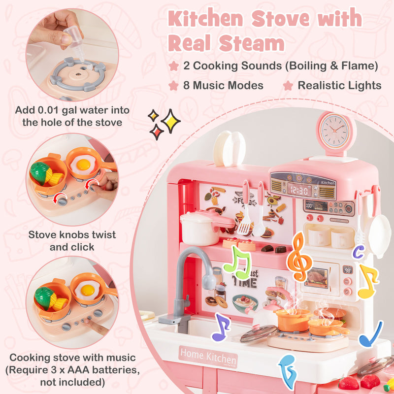 Kids Play Kitchen Toy with Stove Sink Oven with Light and Sound-Pink