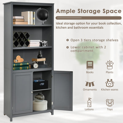 Bookcase Shelving Storage Wooden Cabinet Unit Standing Display Bookcase with Doors-Gray