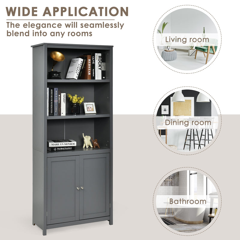 Bookcase Shelving Storage Wooden Cabinet Unit Standing Display Bookcase with Doors-Gray