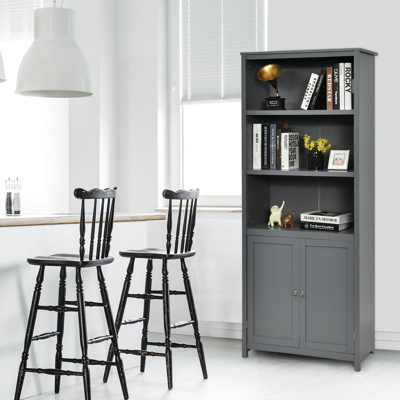 Bookcase Shelving Storage Wooden Cabinet Unit Standing Display Bookcase with Doors-Gray