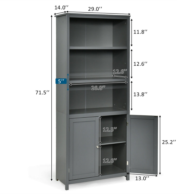 Bookcase Shelving Storage Wooden Cabinet Unit Standing Display Bookcase with Doors-Gray