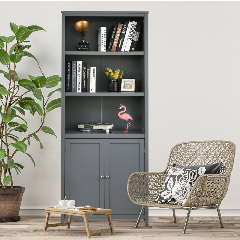 Bookcase Shelving Storage Wooden Cabinet Unit Standing Display Bookcase with Doors-Gray