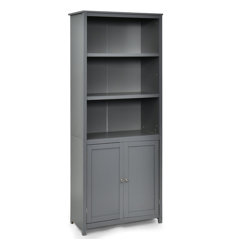 Bookcase Shelving Storage Wooden Cabinet Unit Standing Display Bookcase with Doors-Gray