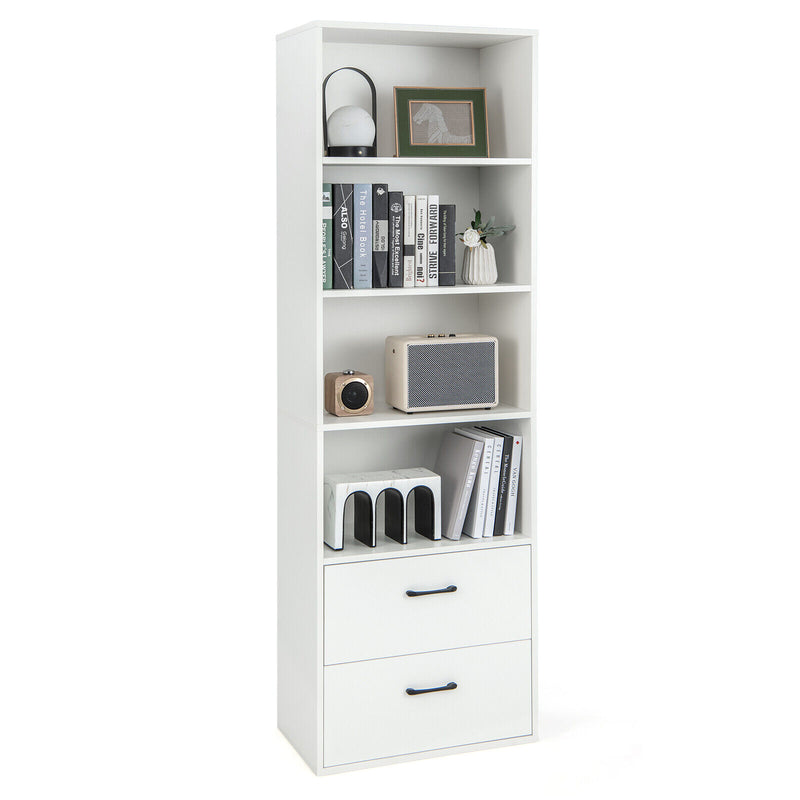 6-Tier Tall Freestanding Bookshelf with 4 Open Shelves and 2 Drawers-White