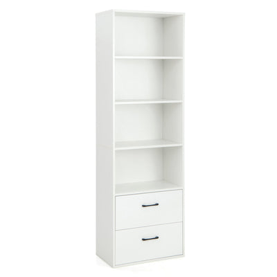 6-Tier Tall Freestanding Bookshelf with 4 Open Shelves and 2 Drawers-White