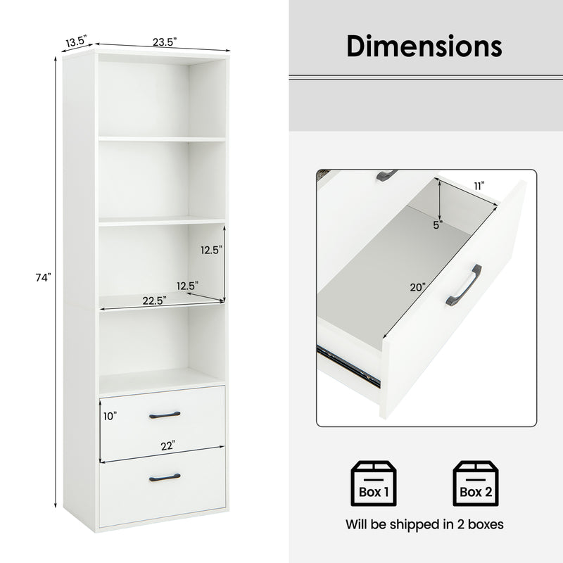 6-Tier Tall Freestanding Bookshelf with 4 Open Shelves and 2 Drawers-White