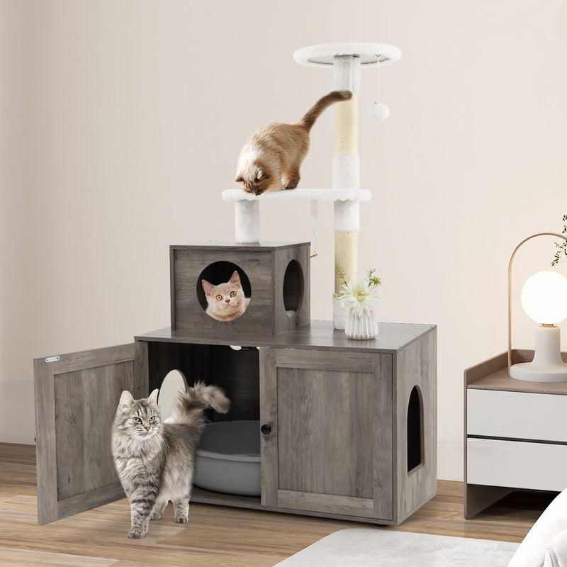 Cat Tree with Litter Box Enclosure with Cat Condo-Gray