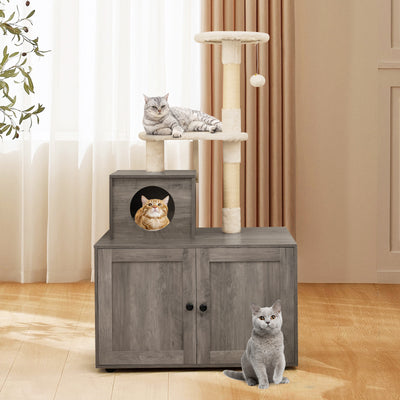 Cat Tree with Litter Box Enclosure with Cat Condo-Gray