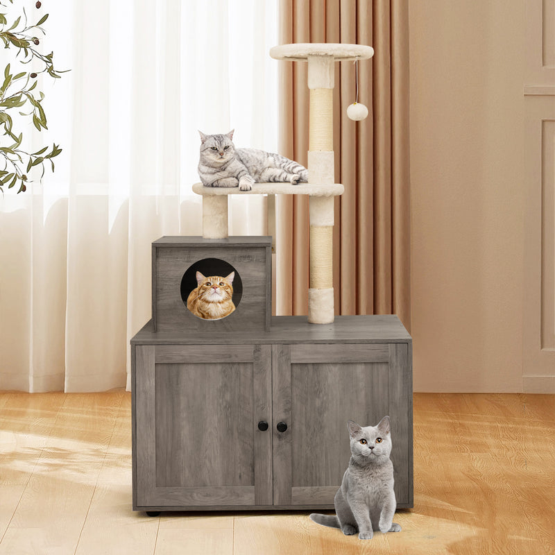 Cat Tree with Litter Box Enclosure with Cat Condo-Gray