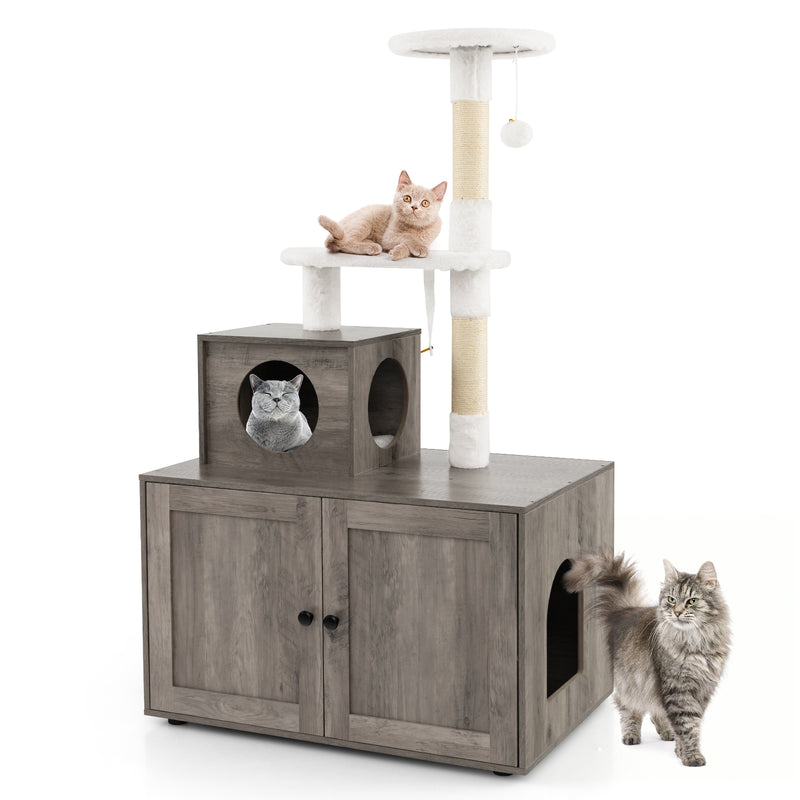 Cat Tree with Litter Box Enclosure with Cat Condo-Gray