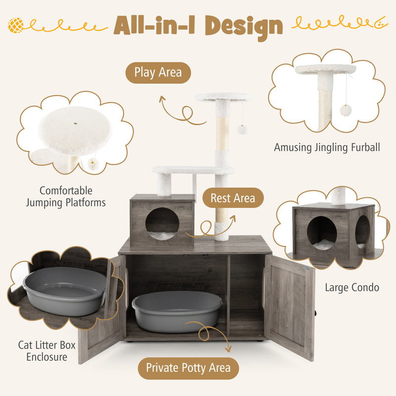 Cat Tree with Litter Box Enclosure with Cat Condo-Gray