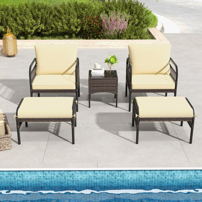 5 Piece Patio Conversation Set with Ottomans and Coffee Table-Beige