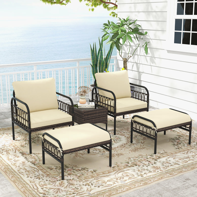 5 Piece Patio Conversation Set with Ottomans and Coffee Table-Beige