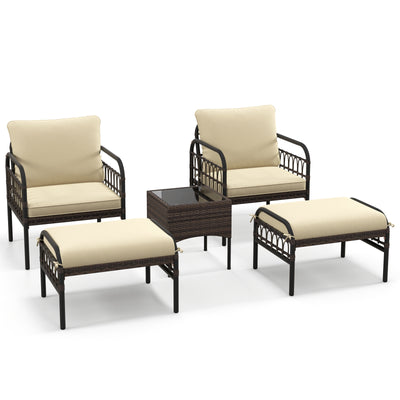 5 Piece Patio Conversation Set with Ottomans and Coffee Table-Beige