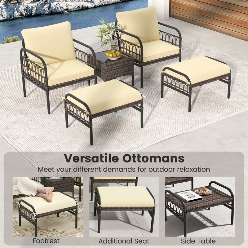 5 Piece Patio Conversation Set with Ottomans and Coffee Table-Beige