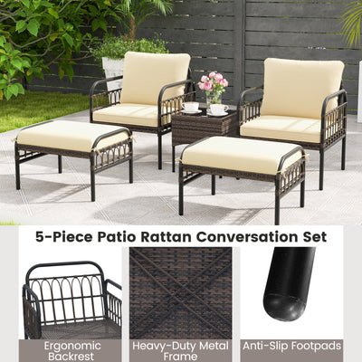 5 Piece Patio Conversation Set with Ottomans and Coffee Table-Beige