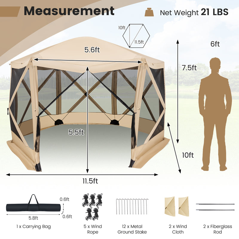 11.5 X 11.5 FT Pop-up Screen House Tent with Portable Carrying Bag-Coffee