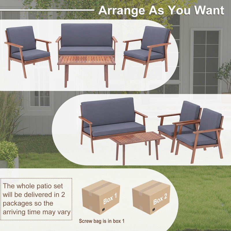 4 Piece Outdoor Acacia Wood Conversation Set with Soft Seat and Back Cushions-Gray