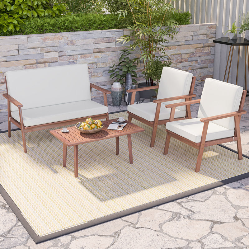 4 Piece Outdoor Acacia Wood Conversation Set with Soft Seat and Back Cushions-White