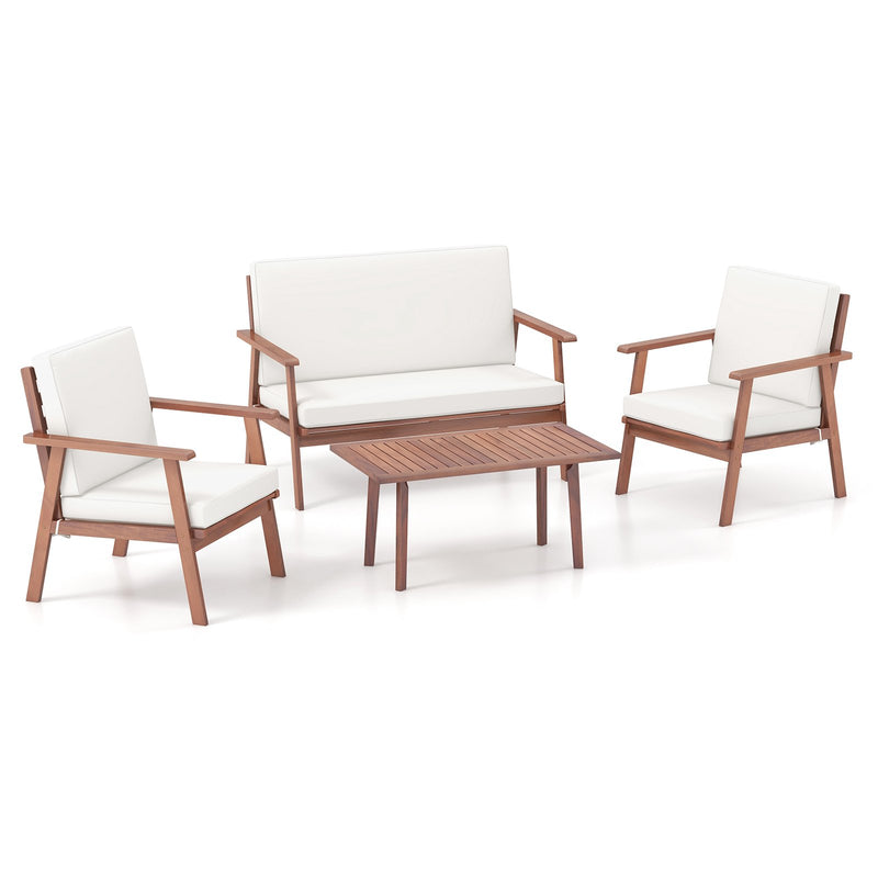 4 Piece Outdoor Acacia Wood Conversation Set with Soft Seat and Back Cushions-White