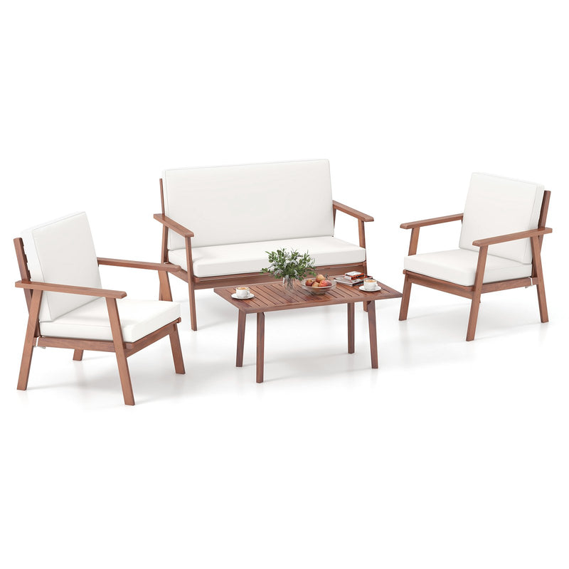 4 Piece Outdoor Acacia Wood Conversation Set with Soft Seat and Back Cushions-White