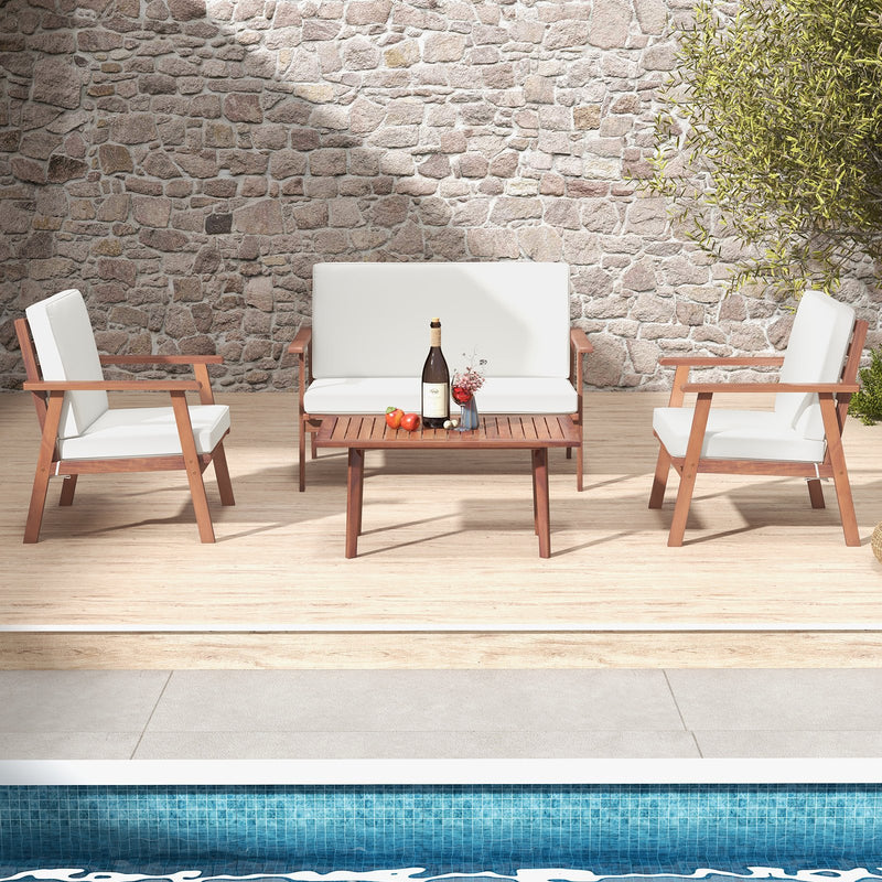 4 Piece Outdoor Acacia Wood Conversation Set with Soft Seat and Back Cushions-White