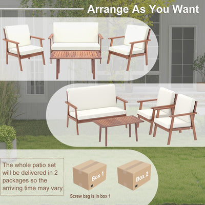 4 Piece Outdoor Acacia Wood Conversation Set with Soft Seat and Back Cushions-White