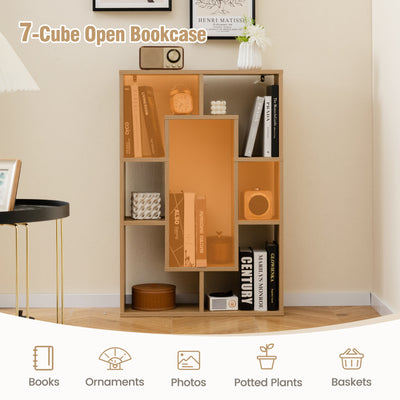 7-Cube Geometric Bookshelf Modern Decorative Open Bookcase-Natural