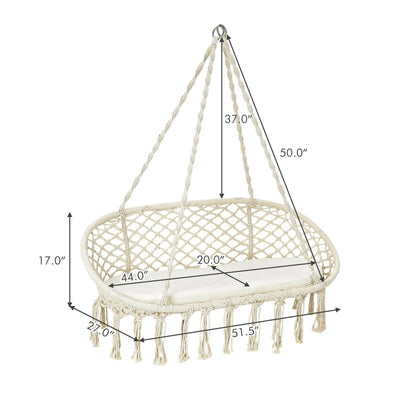 2 Person Hanging Hammock Chair with Cushion Macrame Swing-Beige