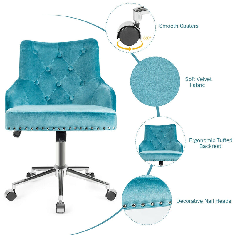 Tufted Upholstered Swivel Computer Desk Chair with Nailed Tri-Turquoise