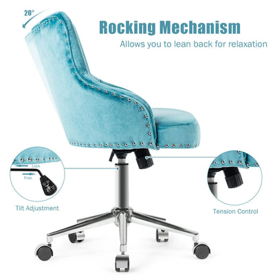 Tufted Upholstered Swivel Computer Desk Chair with Nailed Tri-Turquoise