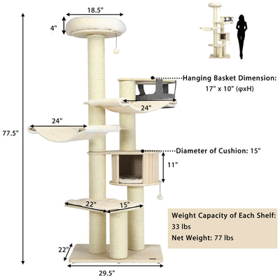 77.5-Inch Cat Tree Condo Multi-Level Kitten Activity Tower with Sisal Posts-Cream White