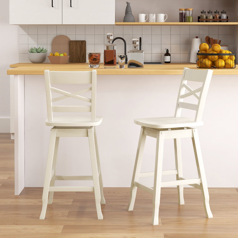 Swivel 24-Inch Counter Height Stool Set of 2 with Inclined Backrest-Cream