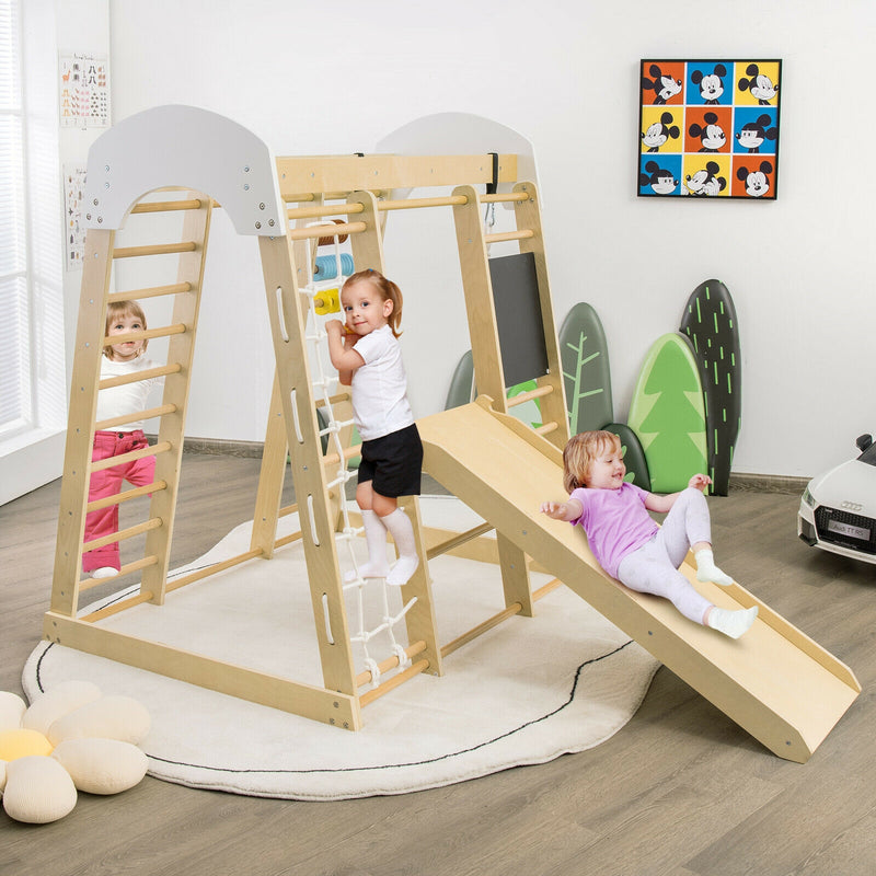 Indoor Playground Climbing Gym Wooden 8-in-1 Climber Playset for Children-Natural