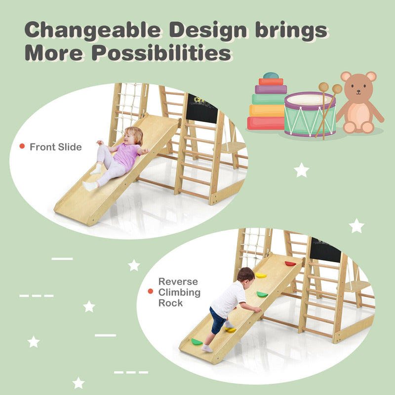 Indoor Playground Climbing Gym Wooden 8-in-1 Climber Playset for Children-Natural