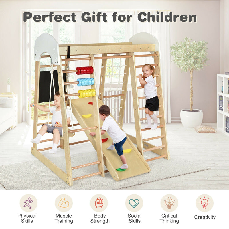 Indoor Playground Climbing Gym Wooden 8-in-1 Climber Playset for Children-Natural