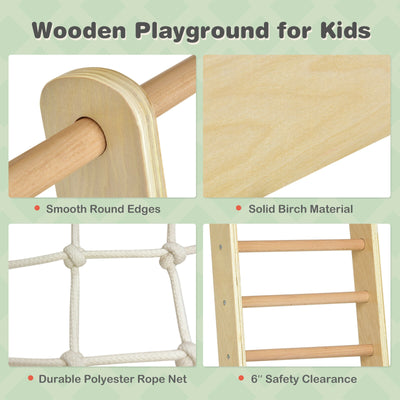 Indoor Playground Climbing Gym Wooden 8-in-1 Climber Playset for Children-Natural