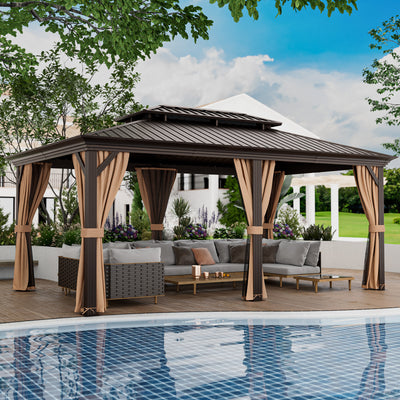 12' x 20' Double-Roof Hardtop Gazebo with Galvanized Steel Roof-Coffee