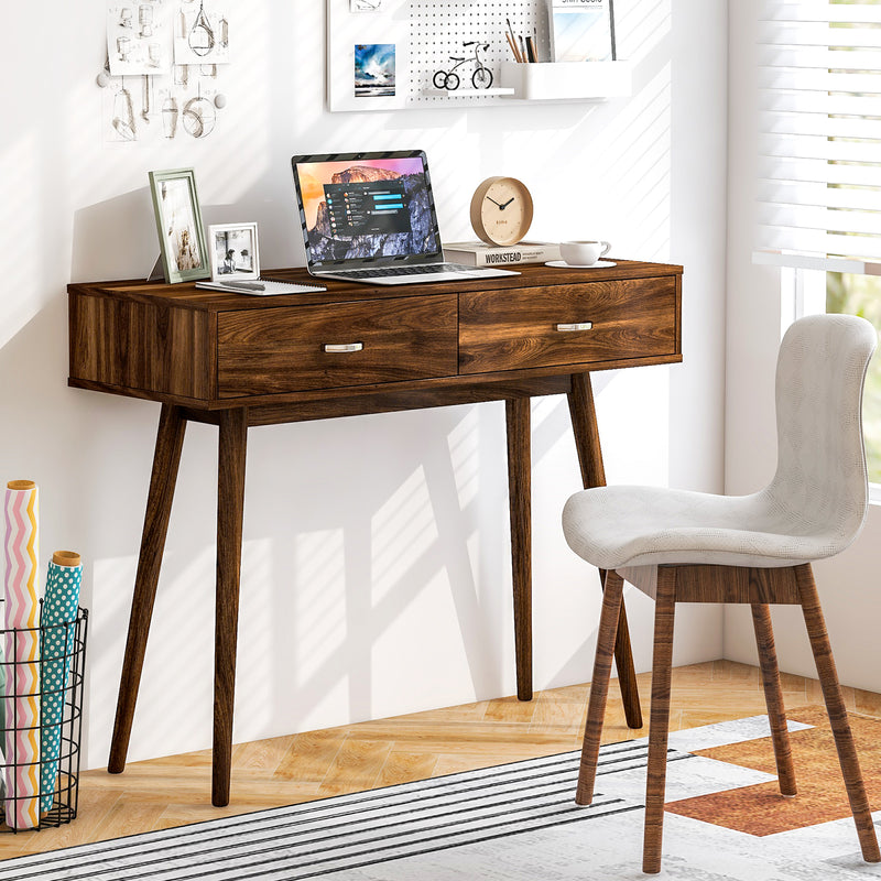 Writing Study Desk with Solid Rubber Wood Legs and Storage for Study Living Room Bedroom-Walnut