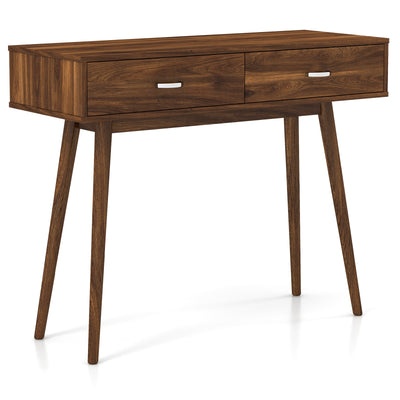 Writing Study Desk with Solid Rubber Wood Legs and Storage for Study Living Room Bedroom-Walnut