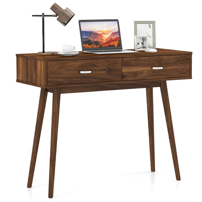 Writing Study Desk with Solid Rubber Wood Legs and Storage for Study Living Room Bedroom-Walnut